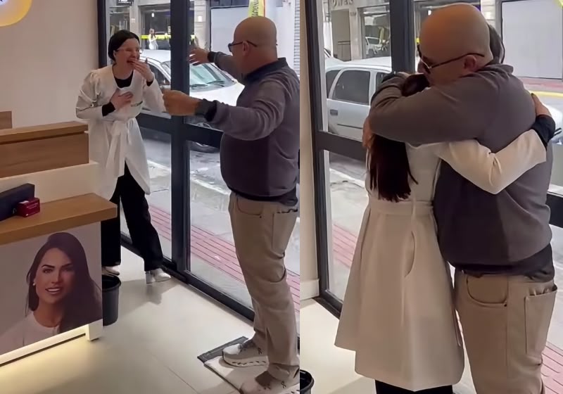 Ana Luiza chorou ao ver o pai, Romildo Gonçalves, entrando de surpresa pela primeira vez na clínica que abriu em Florianópolis, após a recuperação dele de 2 transplantes. - Foto: Reprodução/Instagram/@dra.analuizamasid