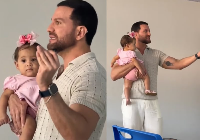 O professor Rodolpho segurou Bárbara, de 8 meses, no colo enquanto a aluna e mãe acompanhava a aula no Piauí. - Foto: Reprodução/Instagram / @rodolphoguedes