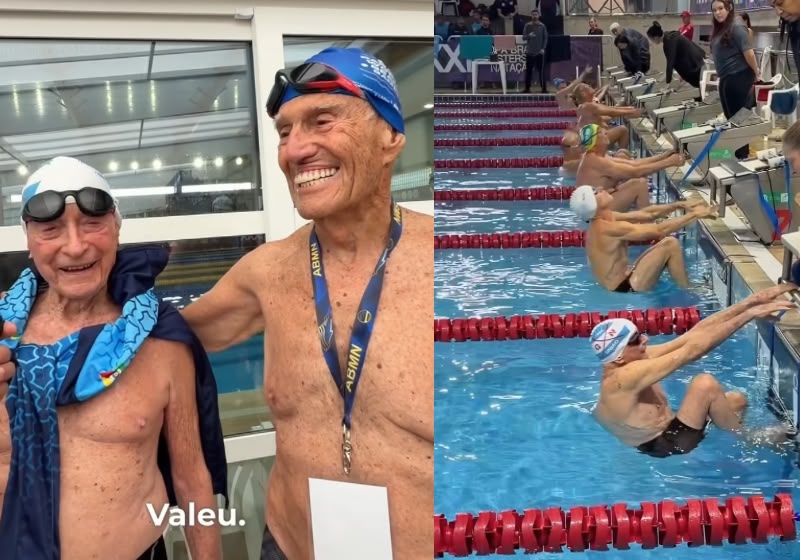Anton Karl Biedermann, de 101 anos, e João Grimberg, de 97, se encontraram durante a Copa Brasil Masters de Natação, em Caxias do Sul. - Foto: Reprodução/@tudodenatacao