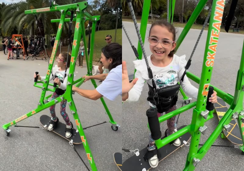 Lívia vibrou durante a descida com o skate adaptado do projeto Skate Anima, em São Paulo. Foto: Reprodução/Instagram/@skate_anima