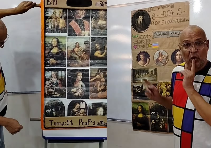 Instagram de Leonardo da Vinci feito de papelão por aluna de 13 anos em Campo Grande (MS). Foto: Reprodução/Instagram/@prof.lantierimuniz.oficial