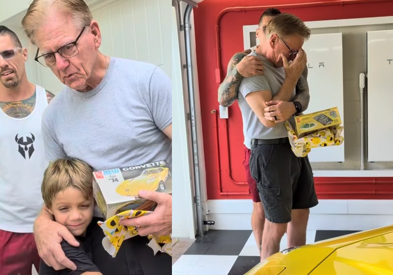Vovô se emociona ao descobrir que ganhou o Corvette Stingray 1974 amarelo que sempre sonhou, em Windermere, na Flórida, Estados Unidos. - Fotos: Reprodução/Instagram @mrs_deel