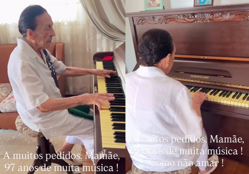 Aos 97 anos, idosa toca piano em um momento em família registrado em Campinas (SP). Foto: Reprodução/Instagram @maria_matilde_alfaro.
