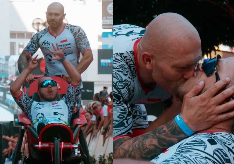 : Przemek Jurczak completou o IRONMAN 70.3 Hradec Králové levando o filho Kuba durante os 113 km da prova, na República Tcheca. Foto: Reprodução/Instagram @ironmanczechrepublic