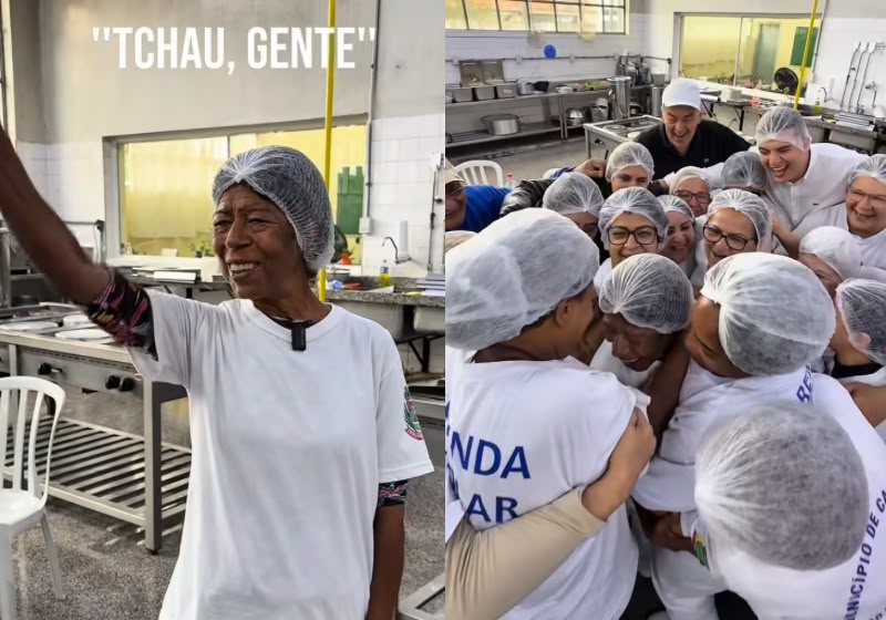 Maria de Lourdes recebeu o abraço dos colegas ao revelar que aquele era seu último dia de trabalho antes da aposentadoria, em Caçapava (SP). Foto: Reprodução/Instagram @oyanlopes