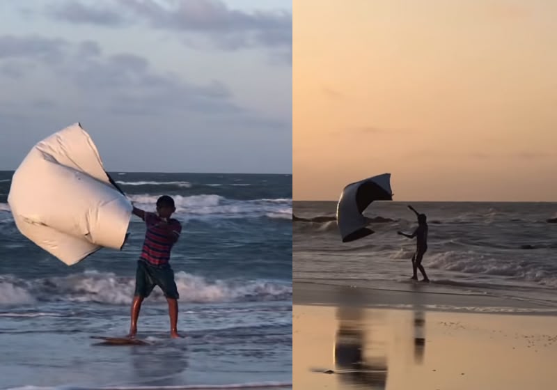 Sem equipamento profissional, o menino improvisou o próprio kitesurf com uma lona e fios na Praia das Curimãs, em Barroquinha (CE). Foto: Reprodução/Instagram @matheus_morais10.