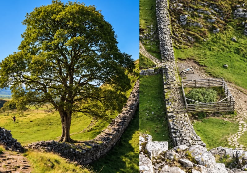 A Sycamore Gap antes de ser derrubada e, três anos depois, com novos brotos crescendo ao redor do tronco. Foto: National Trust Images/PA