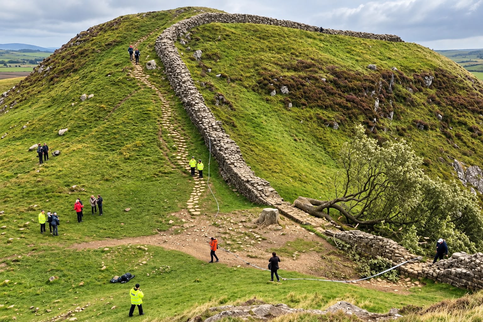 A Sycamore Gap após ser derrubada ilegalmente em 2023, ao lado da Muralha de Adriano. Foto: National Trust Images/PA