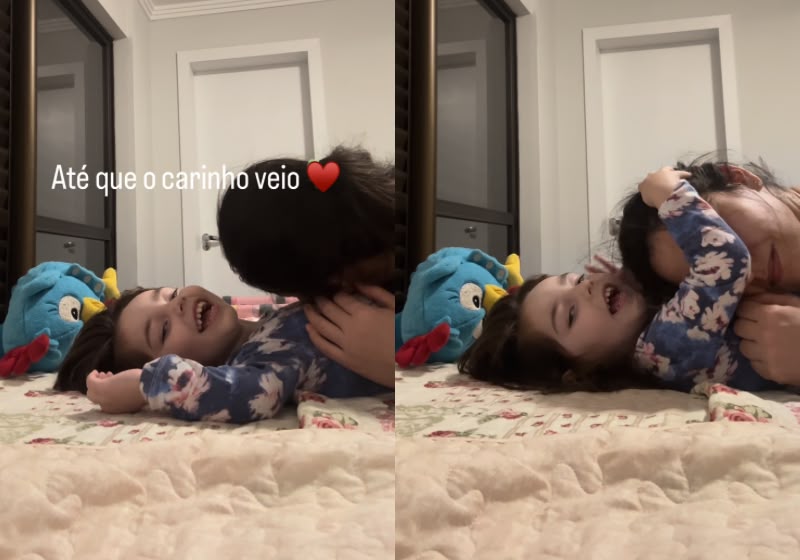 Laura ri e faz cafuné na mãe, Poline de Abreu, depois que ela deita no colo da filha, no Paraná. - Foto: Reprodução/Instagram/@poliiiy_abreu