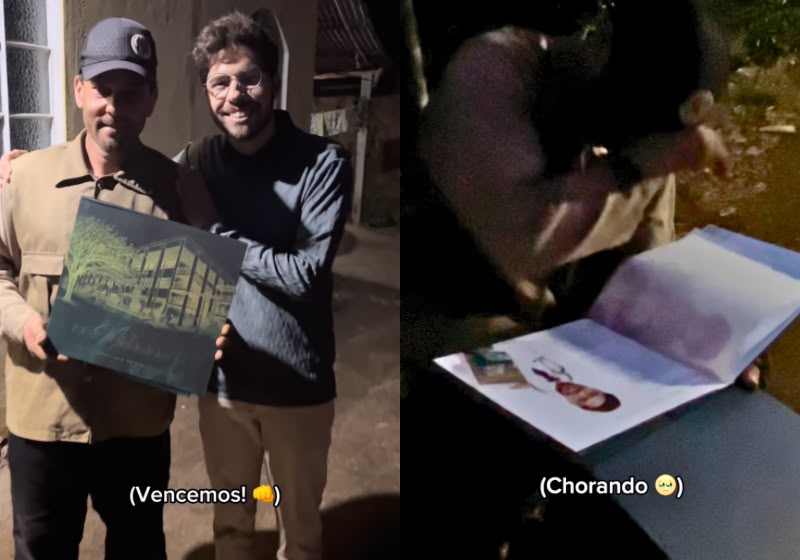 Daniel Dornelas mostra o livro de formatura em Medicina ao pai, um lavrador, em Santa Bárbara do Leste (MG) que fez de tudo para o filho estudar. - Foto: Reprodução/Instagram/@lendocomdaniel