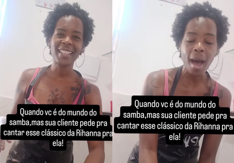 Pry Cardoso canta “Umbrella”, de Rihanna, enquanto atende uma cliente no salão. Foto: Reprodução/TikTok/@prycardosooficial