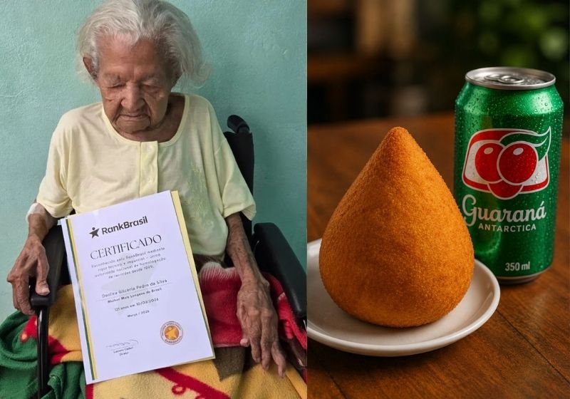 A dona Deolira Glicéria Pedro da Silva, de Itaperuna (RJ), recebeu o certificado de mulher mais velha do país do RankBrasil A fam;ilia contou que ela ama coxinha com guaraná. - Fotos: Lili Bustilho/g1 / IA/ChatGPT