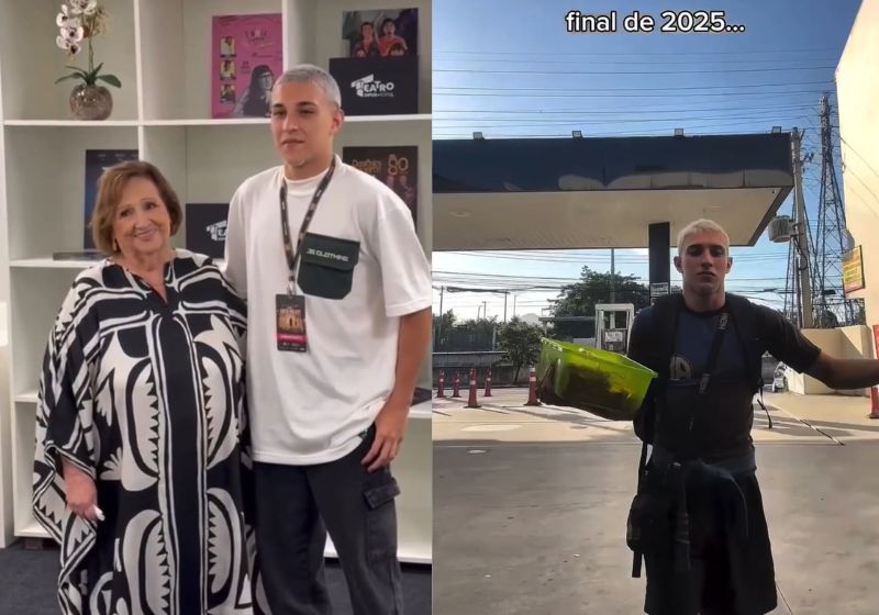 Netinho, de 18 anos, que foi camelô no Rio e ficou conhecido nas redes sociais ao imitar a Dona Déa Lúcia, realizou o sonho de conhecê-la pessoalmente. – Foto: reprodução/Instagram