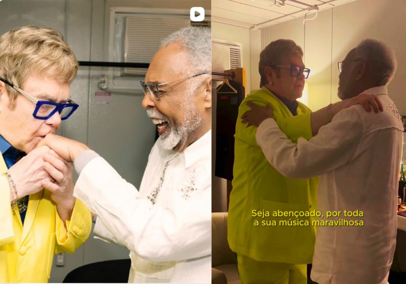 Elton John e Gilberto Gil se encontraram nos bastidores do Rock in Rio, 35 anos depois de dividirem um show em Nova York. - Fotos: reprodução/ Instagram/ @gilbertogil