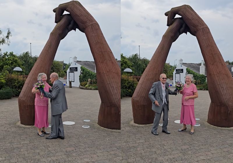 Os idosos Jean Owen, de 88 anos, e Robert Thorp, de 97, viajaram em segredo até Gretna Green, na Escócia, para se casar e a família só soube depois. - Fotos: Reprodução/ Instagram/ @gretnagreen1754