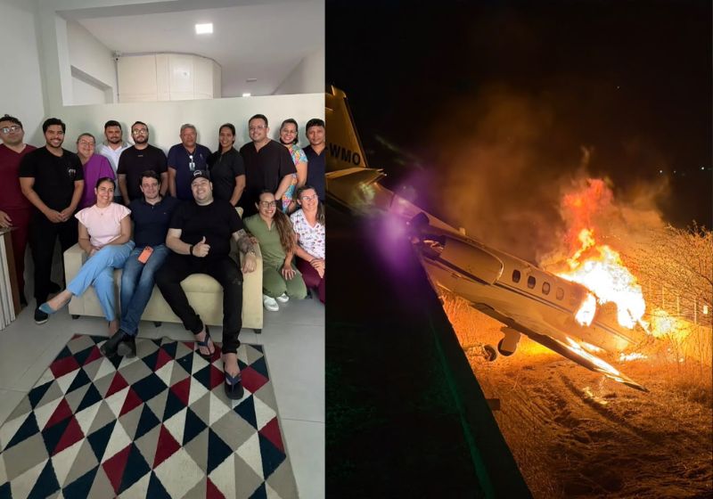 O jato que transportava Rey Vaqueiro foi destruído pelo fogo após sair da pista em Parelhas, no RN. Depois do resgate o cantor tirou foto com a equipe médica e fez sinal de positivo. - Fotos: Divulgação/CBMRN/ TribunaDoNorte