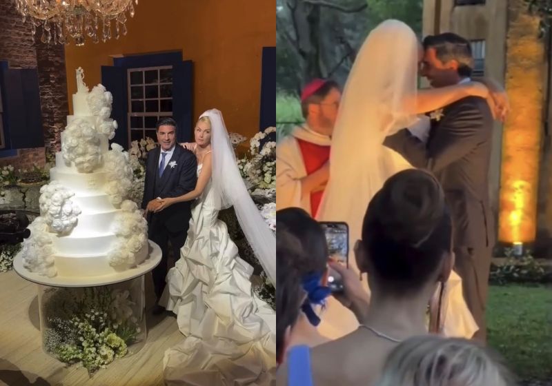 Ana Hickmann e Edu Guedes cortam o bolo durante a festa de casamento realizada neste sábado (12), em Araras (SP). - Fotos: reprodução/ Instagram/ @teamanaedu