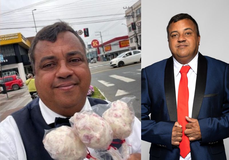 Márcio Rodrigues ficou conhecido como Garçom do Semáforo e vende morangos cravejados de roupa social e com pix da confiança para o cliente pagar depois em Itajaí (SC). - Fotos: arquivo pessoal