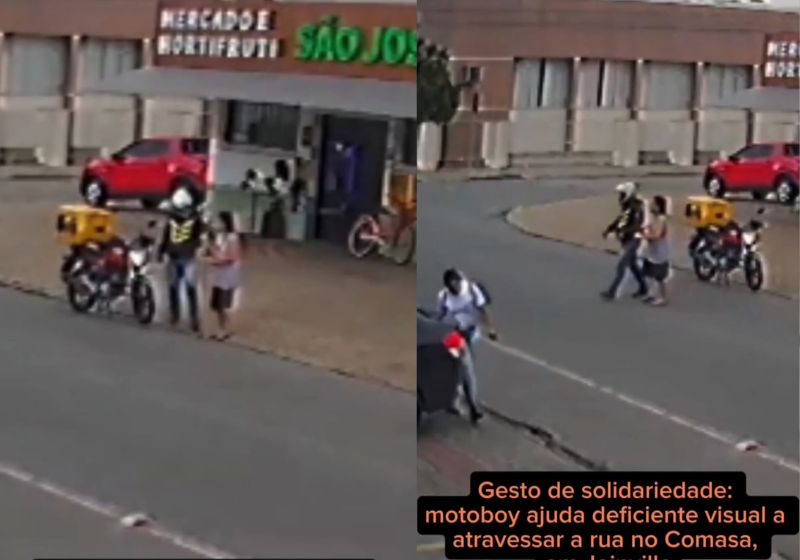 O motoboy Elias Heiler Junior volta e ajuda a pessoa com deficiência visual a atravessar a rua, em Joinville. - Foto: Reprodução/ Instagram/ @joinvillecomasacity