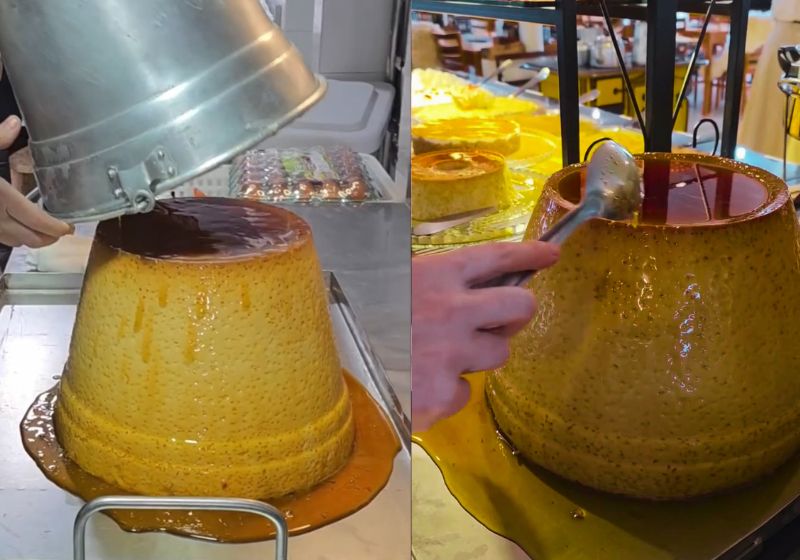 O pudim de leite condensado gigante, no balde, foi preparado pelo Restaurante Dal Pizzol, em Videira (SC). - Fotos: reprodução/ Instagram/ @dal_pizzol_oficial