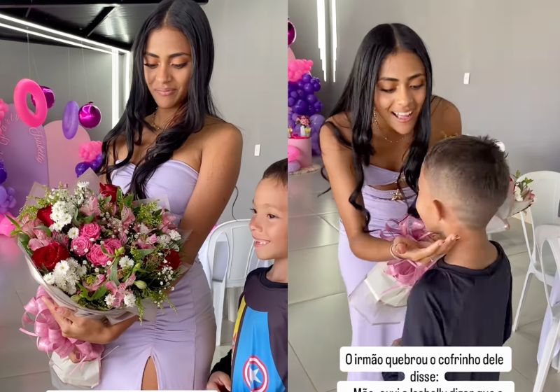 O menino Isaac, de 8 anos, guardou dinheiro durante três meses no cofrinho para comprar flores para a irmã Isabelly no aniversário de 15 anos . Fotos: reprodução/ Instagram/ @isaaccostaresende | @myhoodbr