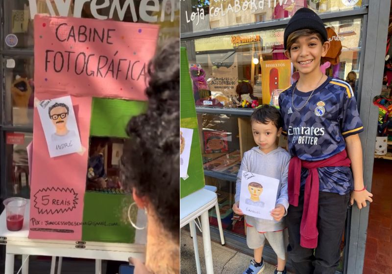 O menino João Cesso Nogueira desenha desde os 2 anos e criou a própria cabine fotográfica de papelão depois de se encantar com uma máquina de fotos em uma festa de casamento. - Fotos: arquivo pessoal cedido ao SNB