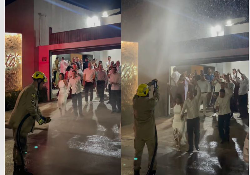 Licurgo Borges e Juliana Araújo foram chamados para fora da festa de casamento sem saber da homenagem do banho de mangueira preparada pelos colegas bombeiros do noivo, em Anápolis, Goiás. - Fotos: reprodução/ Instagram/ @misaelferreira_assessoria