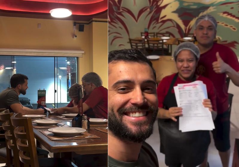 O empresário Alex, de Santa Catarina, finge que teria demissão na pizzaria e depois entrega passagens para os funcionários Marcela e Rick visitarem os parentes no Pará no fim do ano. - Fotos: reprodução/ Instagram/ @granoeafectopizzaria
