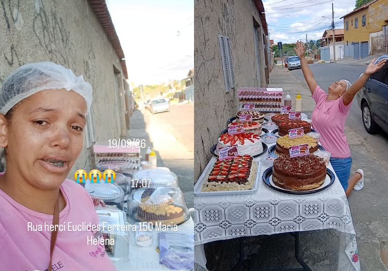 Graziele Fagundes, de 24 anos, chorou ao mostrar a banca quase sem clientes. Ela fez um apelo nas redes e horas depois, moradores compraram todos os 400 doces dela, em BH. - Fotos: reprodução/ Instagram/ @grazidivinodoces