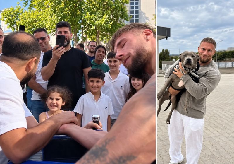 O atleta alemão Leonidas Arkona diminuiu a força durante a disputa de queda de braço para que o pai vencesse na frente da filha, em Frankfurt. - Fotos: reprodução/ X/ Instagram/ @leonidas_arkona