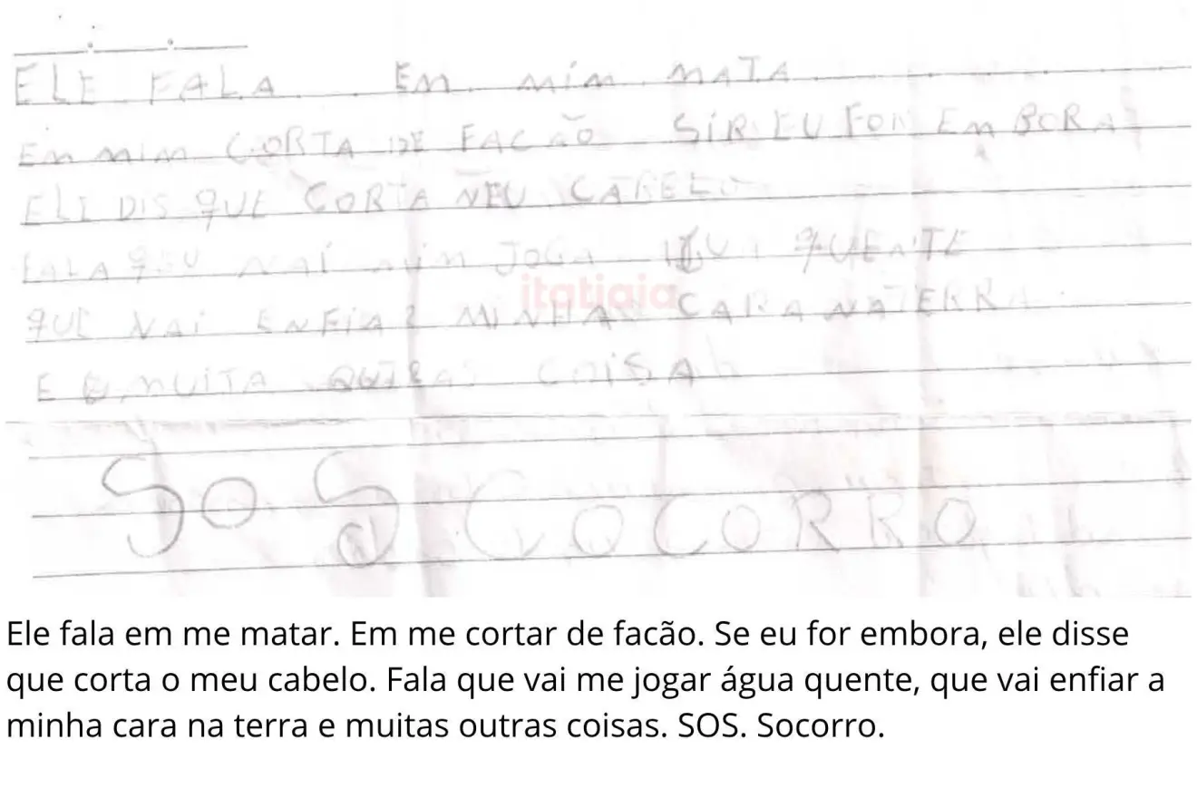Outro bilhete de socorro que a mãe escreveu no caderno do filho. - Foto: PCBA