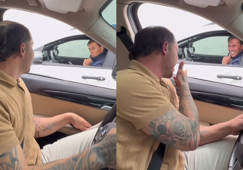 O motorista Rodrigo Elesbão canta “A Thousand Miles”, tema do filme As Branquelas, pela janela do carro e diverte desconhecidos no trânsito de Ponta Grossa, no Paraná.- Fotos: Reprodução/Instagram/@rodrigoelesbaoo