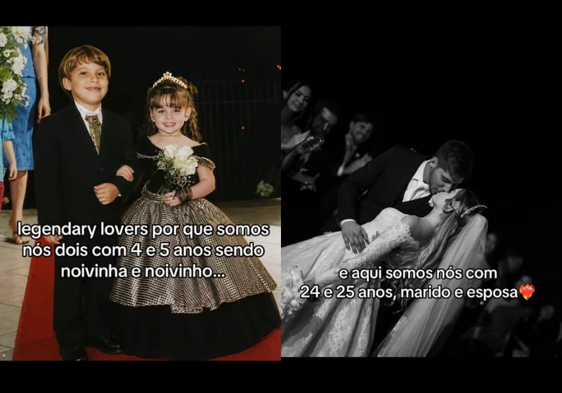 Emilly Faria e Daniel Zagne foram daminha e pajem quando crianças e, duas décadas depois, se casaram em Minas Gerais. - Foto: Reprodução/TikTok/@emillyfariav