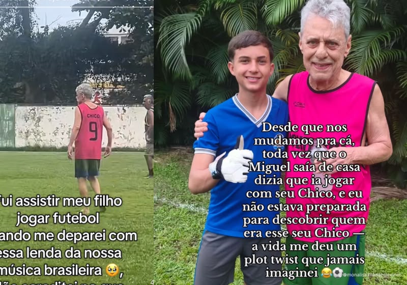 João Miguel, de 12 anos, jogava futebol com “Seu Chico” sem saber que o companheiro de campo era o cantor Chico Buarque. Foto: Reprodução/TikTok @monalisa.maedemeninos.