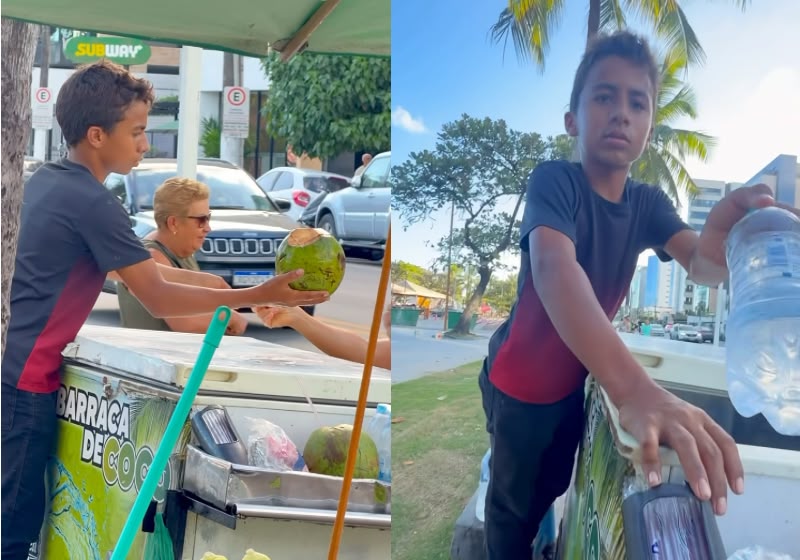 Lucas, de 12 anos, ofereceu água de graça a um desconhecido e depois ganhou dele uma surpresa: um dia especial e compras no supermercado para toda a família. - Foto: Reprodução/Instagram @dinhodahornett.