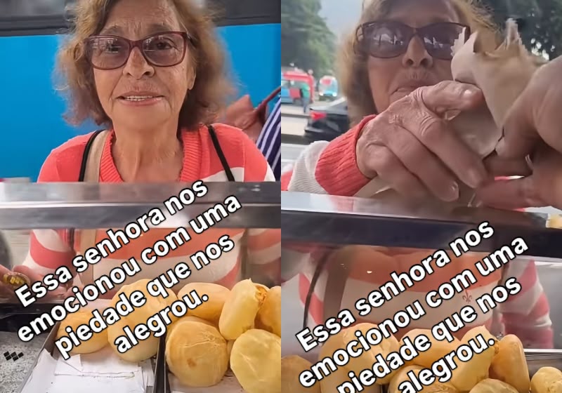 Roberto ofereceu dois pãezinhos de graça para dona Elinia e recebeu R$ 18 para continuar ajudando pessoas sem dinheiro. Foto: Reprodução/Instagram @roberto_do_pao_de_queijo_grand.