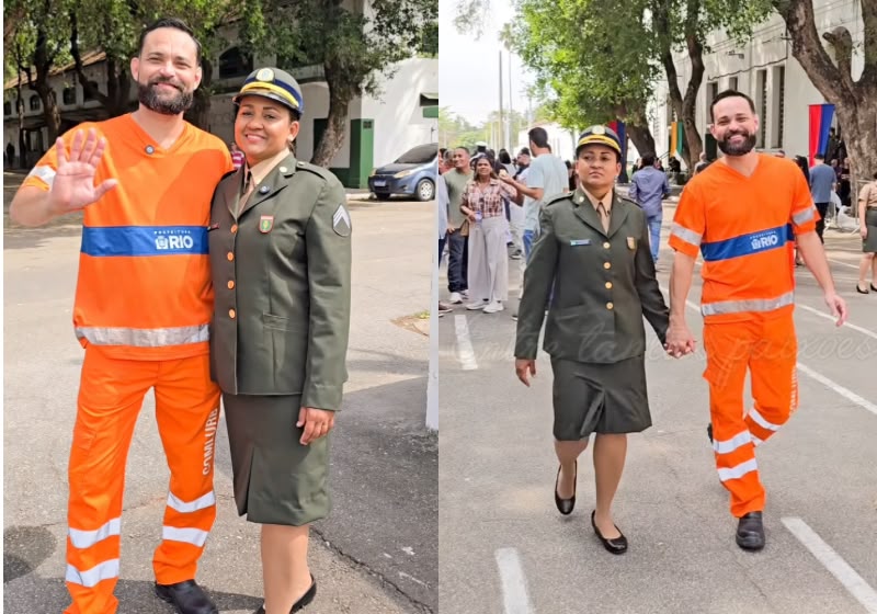 Casados há 25 anos, Amauri Fernandes foi de uniforme da Comlurb prestigiar a formatura da esposa, Amanda Guedes, no Exército. Foto: Reprodução Instagram/@garizildo