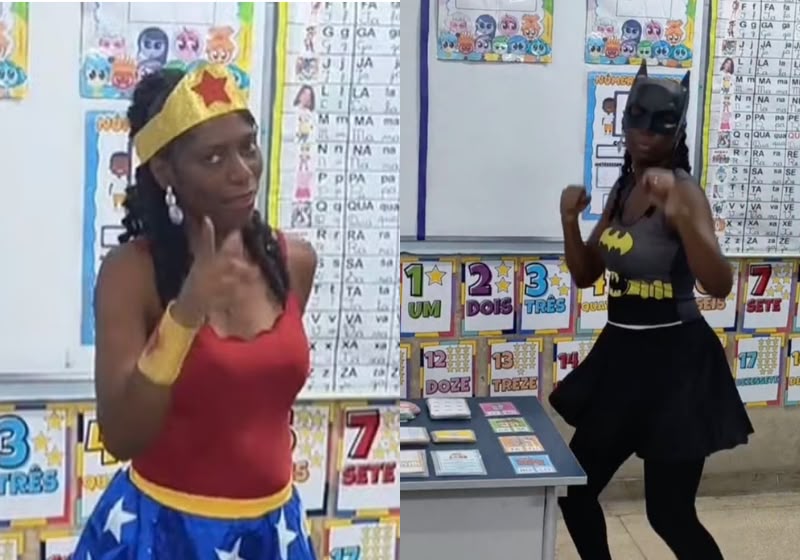 A professora Luziene usa fantasias de personagens como Batman, Mulher-Maravilha e Xuxa para ajudar na alfabetização dos alunos em Bangú (RJ). - Fotos: Reprodução/Rede CpE