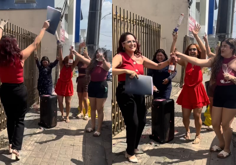 Anielle Santana Silva foi recebida pelas amigas com espumante e confetes depois de oficializar o divórcio em Araguaína (TO). - Foto: Reprodução/ Instagram / @anielle2032