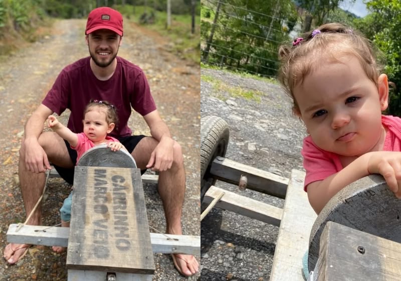 Marcos Martinelli, conhecido pelo meme “Taca-le pau, Marco Véio”, recriou a cena com a filha Heloísa, de 1 ano, em Santa Catarina. Foto: Reprodução Instagram/@marcoveioofc
