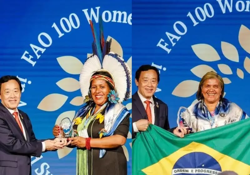 As pescadoras brasileiras Joana Mousinho, de 70 anos, e Luena Pataxó, de 44, foram homenageadas pela FAO em Roma, na Itália. Foto: Giuseppe Carotenuto/FAO.