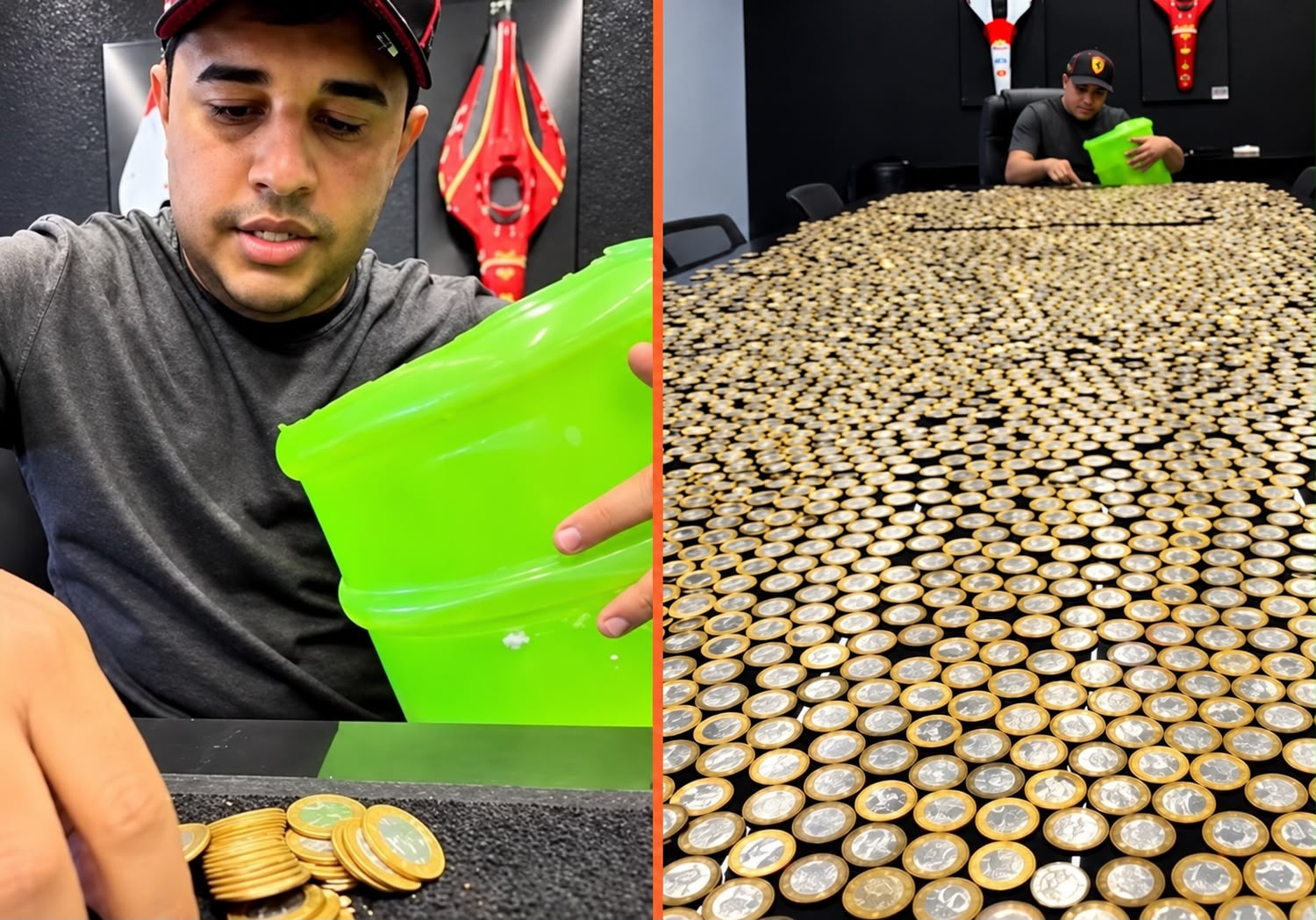 Borracheiro realizou o sonho de comprar uma Hilux com milhares de moedas de R$ 1 guardadas durante anos. Vendedor passou oito horas contando o dinheiro. Foto: Reprodução/Instagram/@rafaelfernandesoficial_