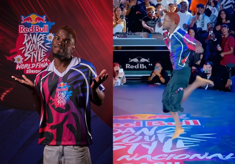 André Oliveira durante apresentação no Red Bull Dance Your Style. Crédito: Fabio Piva/Red Bull Content Pool (foto da final nacional). - Foto: Reprodução / Instagram / @africanizeoficial / @andreoliveiradb