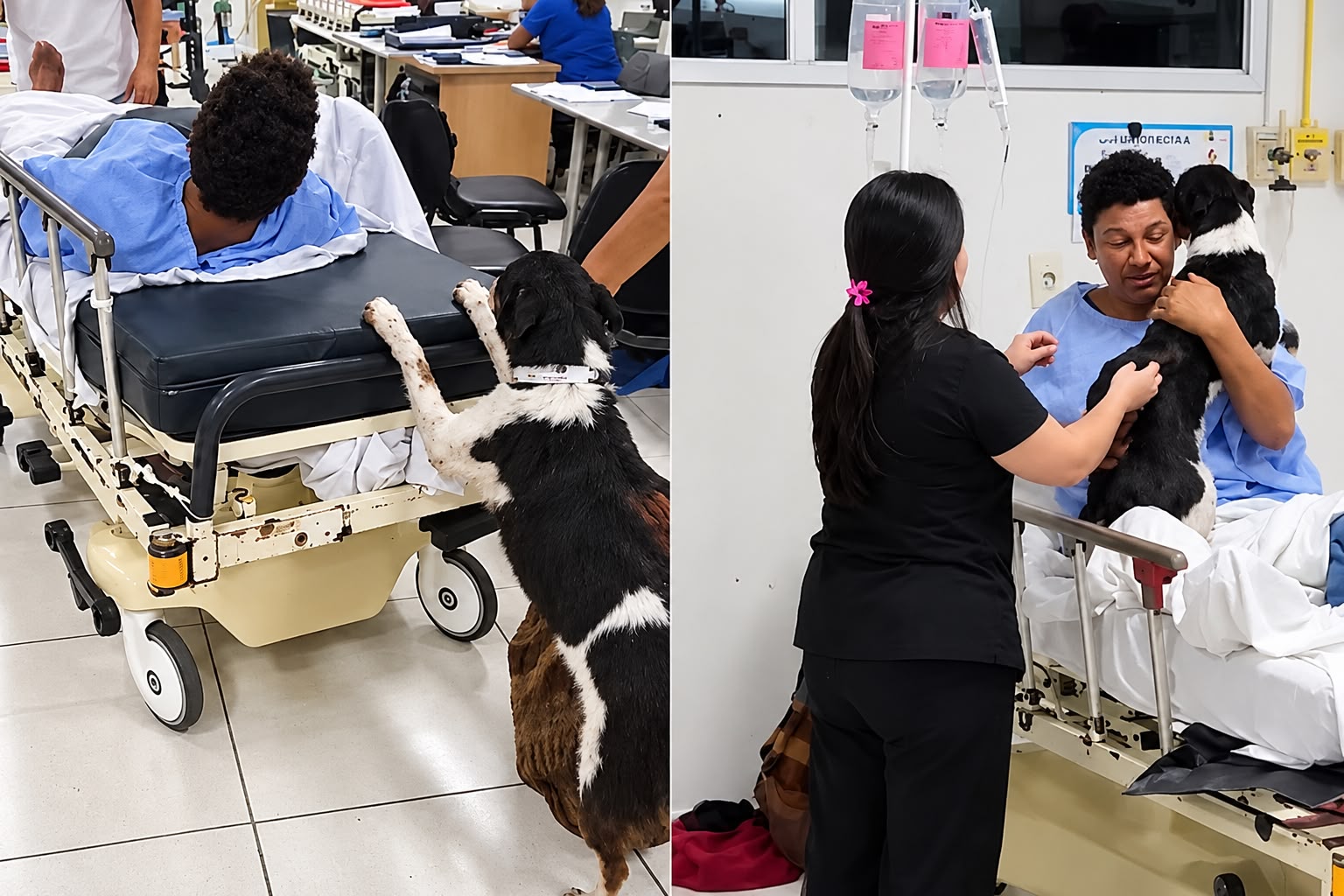 Cachorrinho Menor acompanha a maca do tutor ferido e emociona profissionais de hospital no Paraguai. Foto: Reprodução/Instagram @dollys.rotela