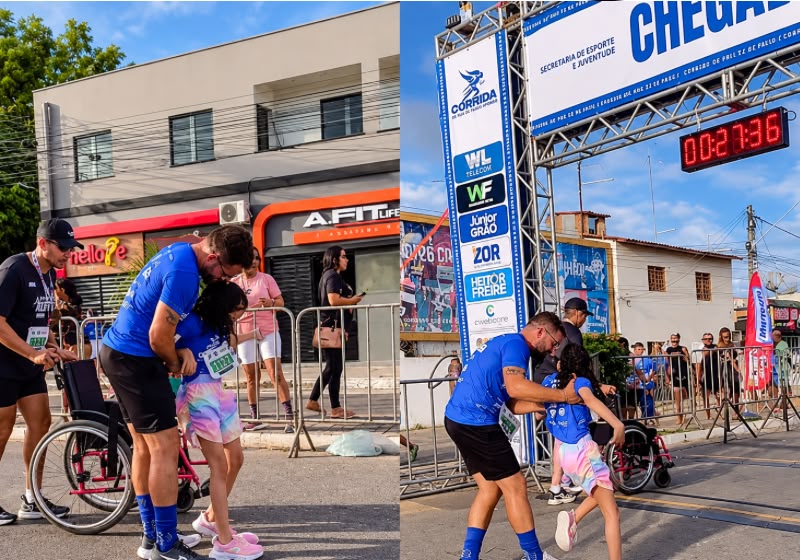 Professor Pascoal Neto leva Sophia, de 12 anos, nos braços até a linha de chegada de uma corrida de 5 km no Ceará. Foto: Instagram/@conquistasdasophia.