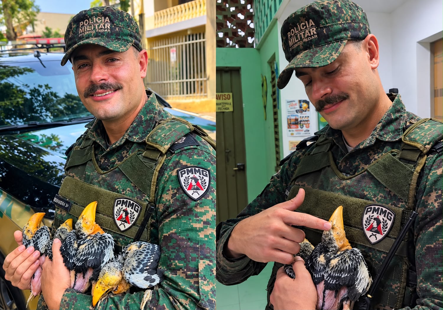 O tenente Bernardo Bax resgatou os quatro filhotes de tucano após as fortes chuvas em Minas Gerais. Os animais estão bem e receberão cuidados veterinários. Foto: Reprodução/Instagram @tenente.bernardobax