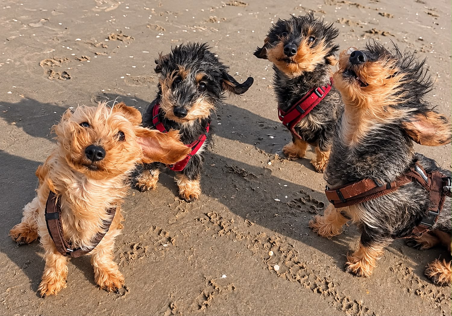 Luna, Bowie e outros dois cachorrinhos enfrentaram ventos fortes durante um passeio na praia, na Holanda, e ficaram com penteados hilários. Foto: Reprodução/Instagram @lifeoflunabowie