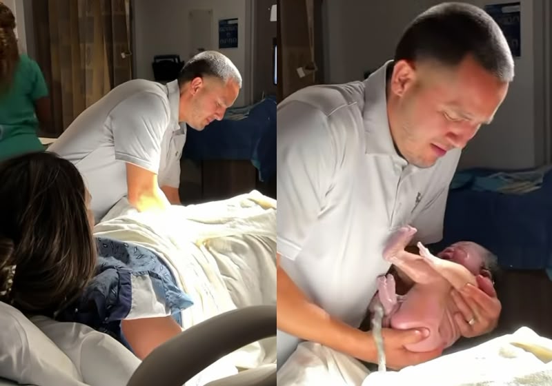 Chris Jeong recebeu a filha Celine nos braços após o obstetra não conseguir retornar ao quarto a tempo do nascimento, na Flórida. Foto: Reprodução/Instagram / @hellorosajay