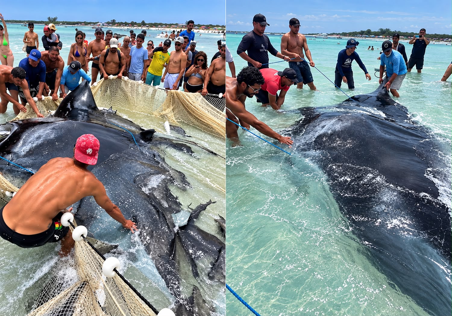 Pescadores se uniram para salvar uma raia gigante que ficou presa em uma rede de pesca na Praia Grande, em Arraial do Cabo (RJ). O animal voltou vivo ao mar. Foto: Reprodução/Instagram @embarcacaoagnusdei
