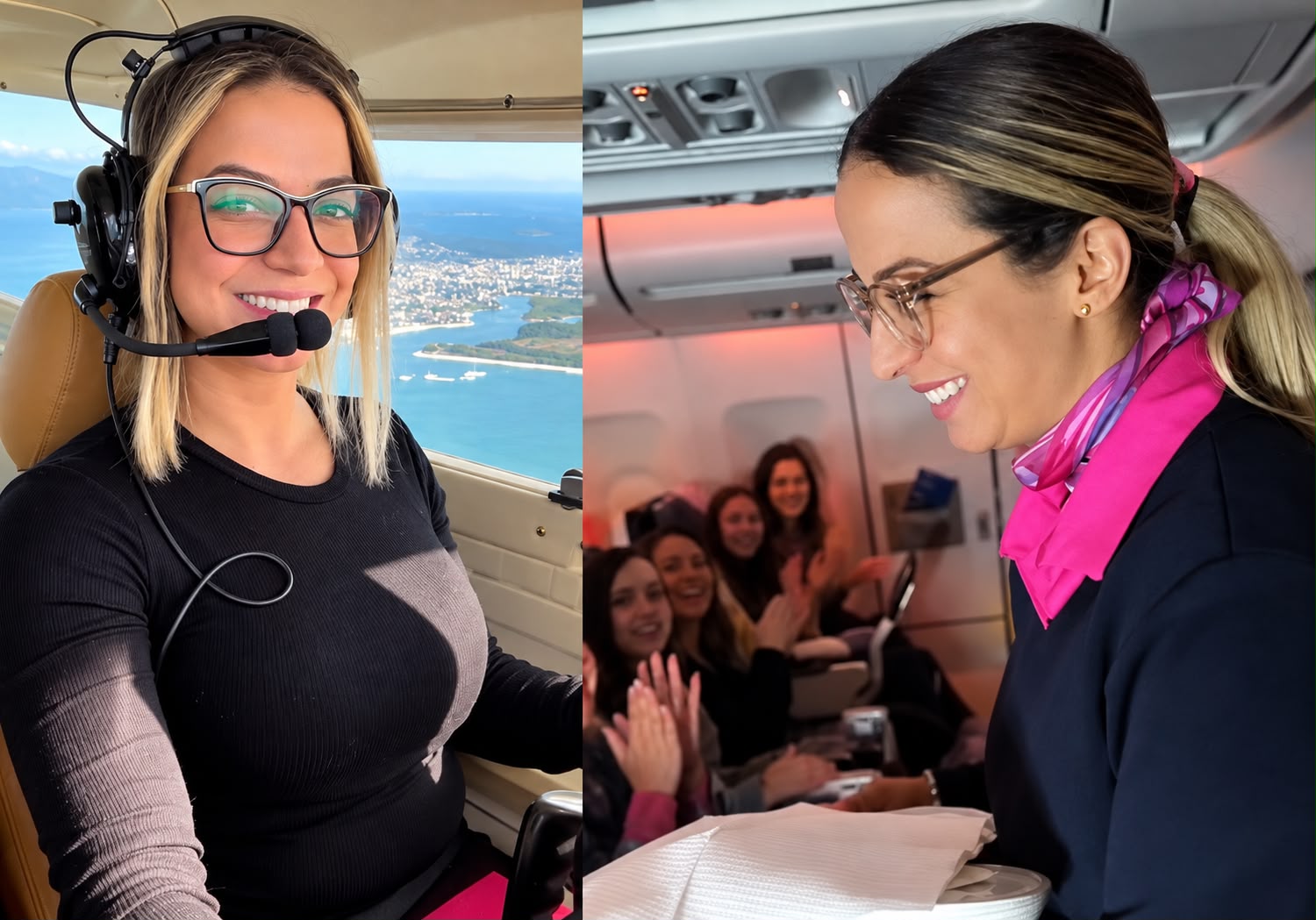 Tayrine foi homenageada durante o último voo como comissária de bordo, após nove anos de trabalho, antes de integrar o quadro de pilotos da Azul. Foto: Reprodução/Instagram @tactasouza